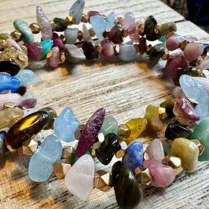 🌈 3x Wrap Chip Stone Bracelet – Fluorite, Aquamarine, Amazonite & Gold Hematite